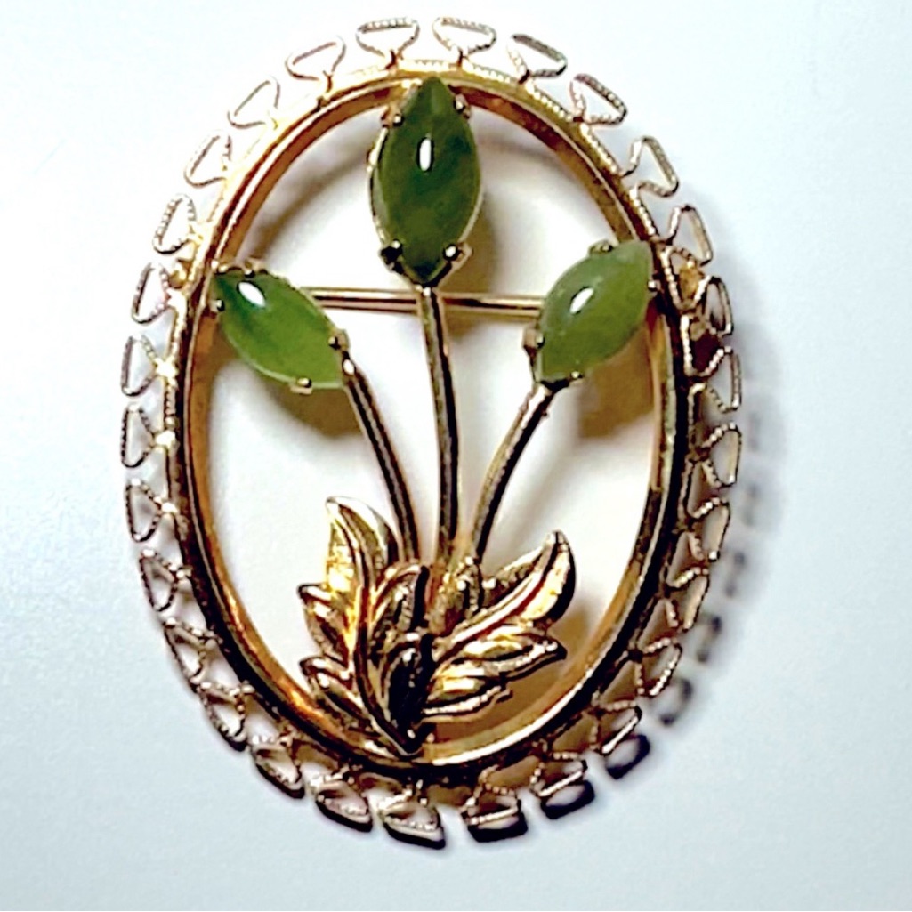 Vintage Genuine Jade 12k Gold Filled Filigree Brooch Floral Spray Mcm